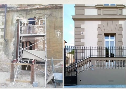 Dimora Palanca, cantiere, facciata prima e dopo, courtesy Martina Viviani